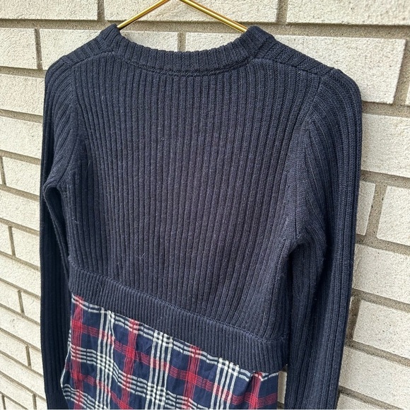 Veronica Beard Garrett Mixed Media Sweater Plaid Tunic Navy Merino Wool XS - Picture 9 of 11